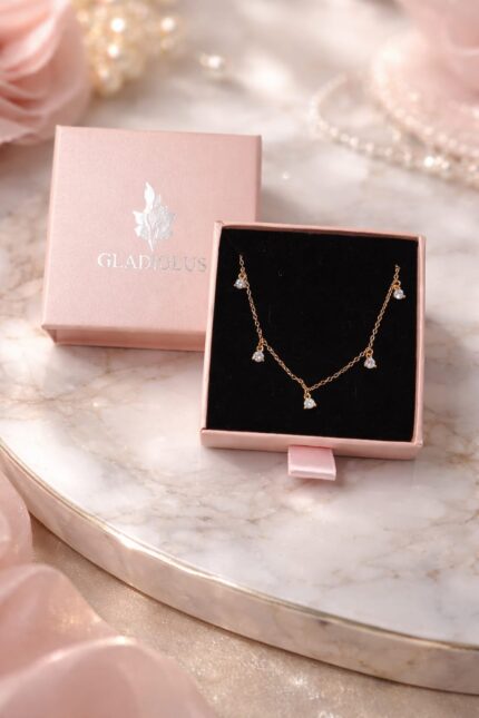 Collier 5 Perles Argent 925 doré Avec Pendentifs en Zircone Ronde
